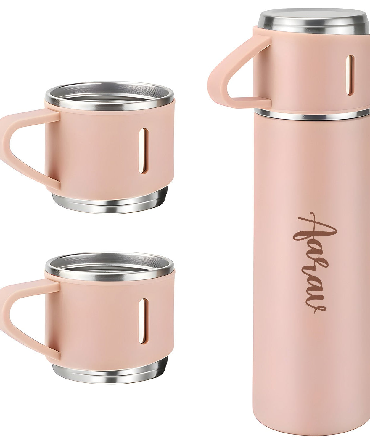 Customized Stainless Steel Vacuum Flask Set with 3 Cups – 500ML | Personalized Name Bottle Gift Combo for Boyfriend, Girlfriend, Employee