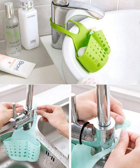 Faucet caddy with adjustable plastic basket for kitchen and bathroom sink drainage.