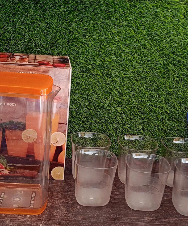 Resistant glass jug with thick walls for added durability and safe beverage storage.