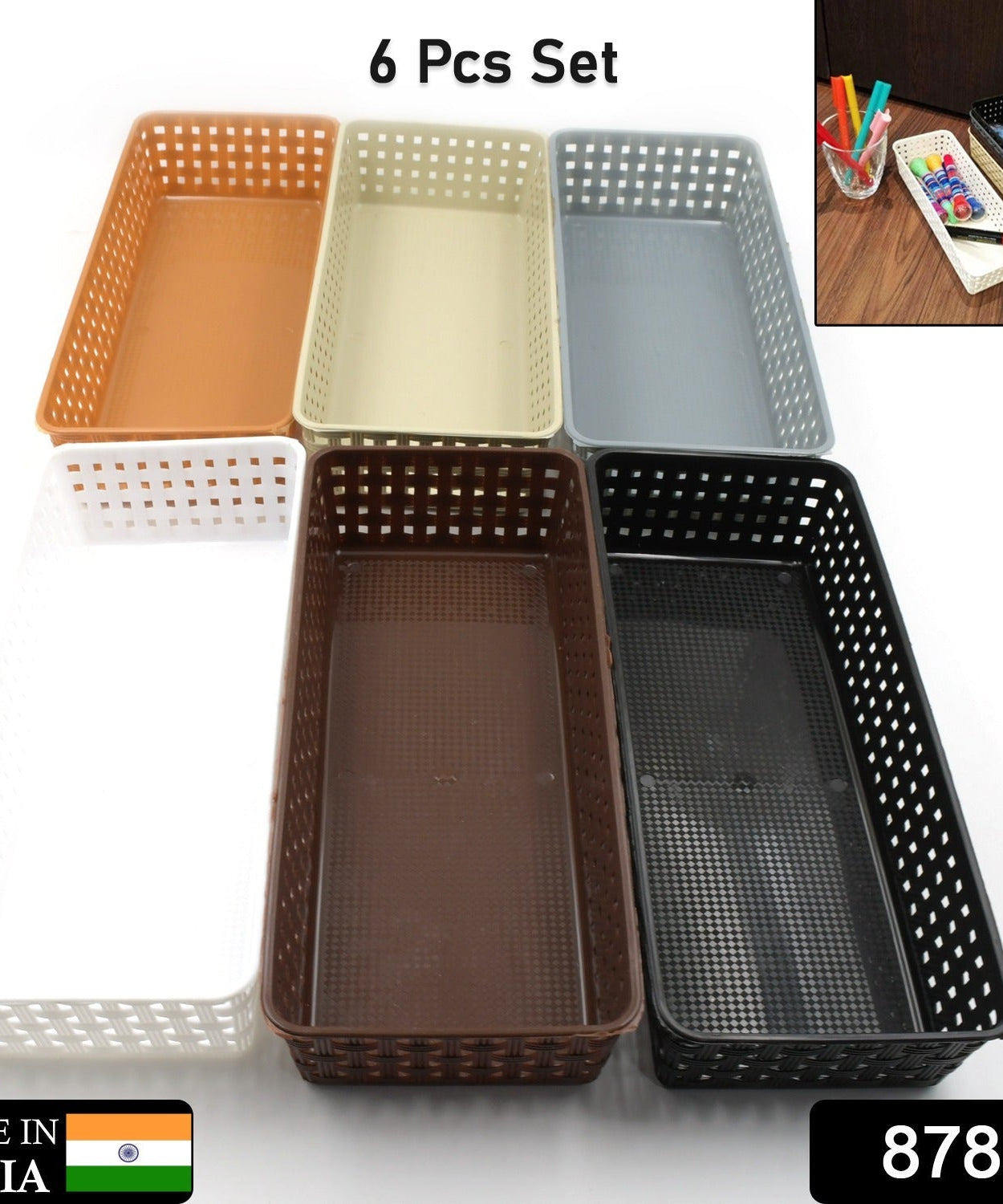 Plastic Multipurpose Desk Organizer Tray Office Drawer Dividers Storage Bins for Kitchen, Bathroom, Office, Makeup, Bedroom Dresser, Craft Basket Rack Multicolour (6 Pcs Set)