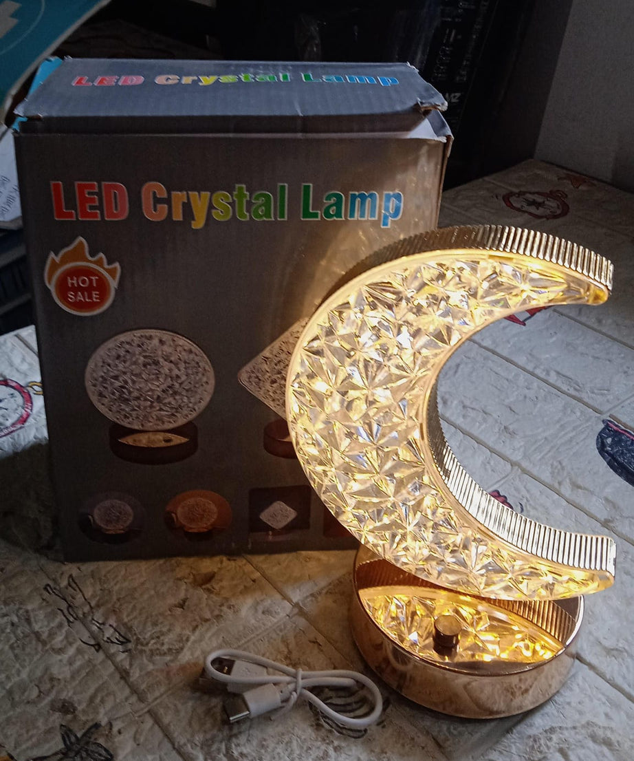 Crystal Table Lamp | Moon Shape Touch Control Lamp with 3 Color | Metal Bedside Lamp for Kids Bedroom Romantic Desktop Nightstand | Stepless Dimming USB Charging Touch Night Light