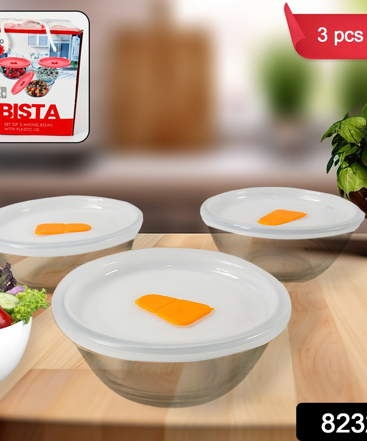 Bista Glass Serving & Mixing Bowls with Plastic Lid | Oven & Microwave Safe & Dishwasher Safe | Scratch Resistant | Transparent | For Household Gift For Birthday (3 Pcs set / 250 ML Approx)