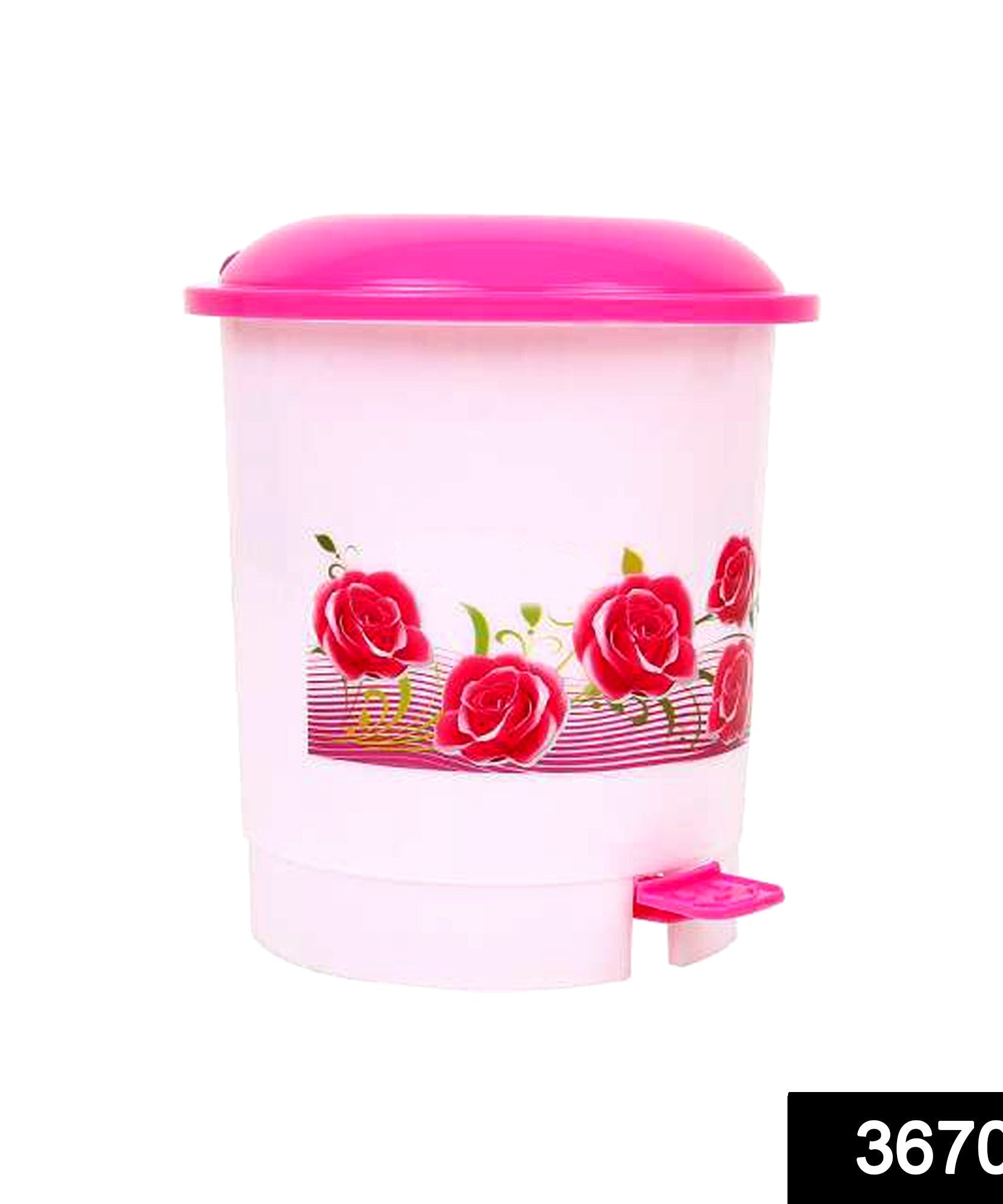 Plastic pedal dustbin for desk use, with SKU code for easy waste disposal.