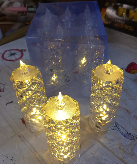 Transparent acrylic rose LED candle with a soft glow, suitable for Christmas and Diwali decor.