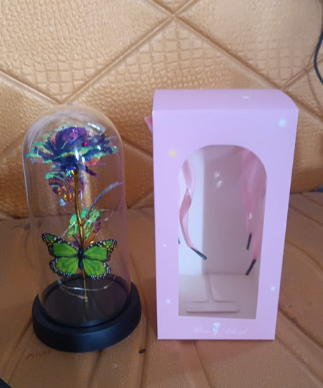 LED Preserved Rose with Colorful Butterfly in Plastic Dome (1 Pc & Mix Color)