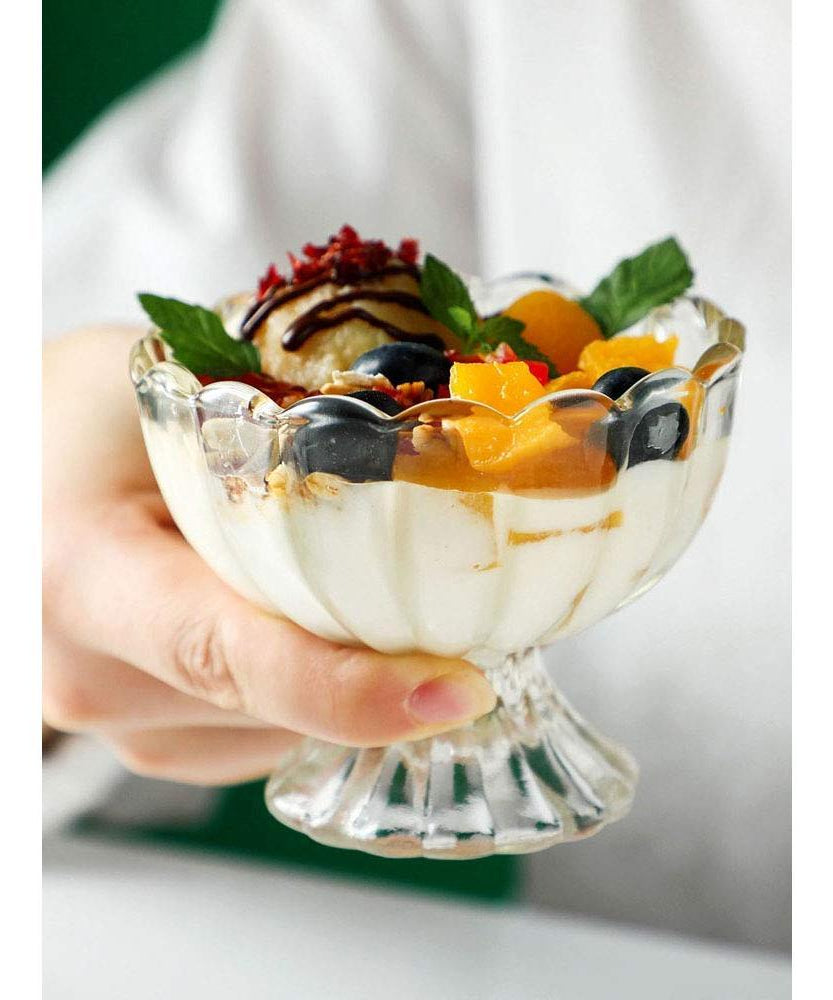 Clear glass dessert bowls, ideal for serving ice cream, fruits, and salads, pack of 6.