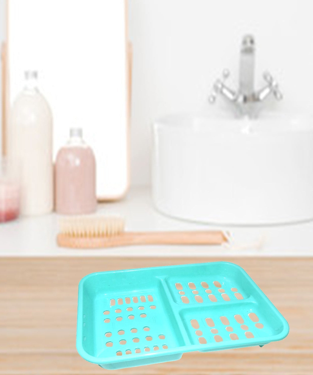 Soap case with three sections, keeps soap bars and accessories organized.