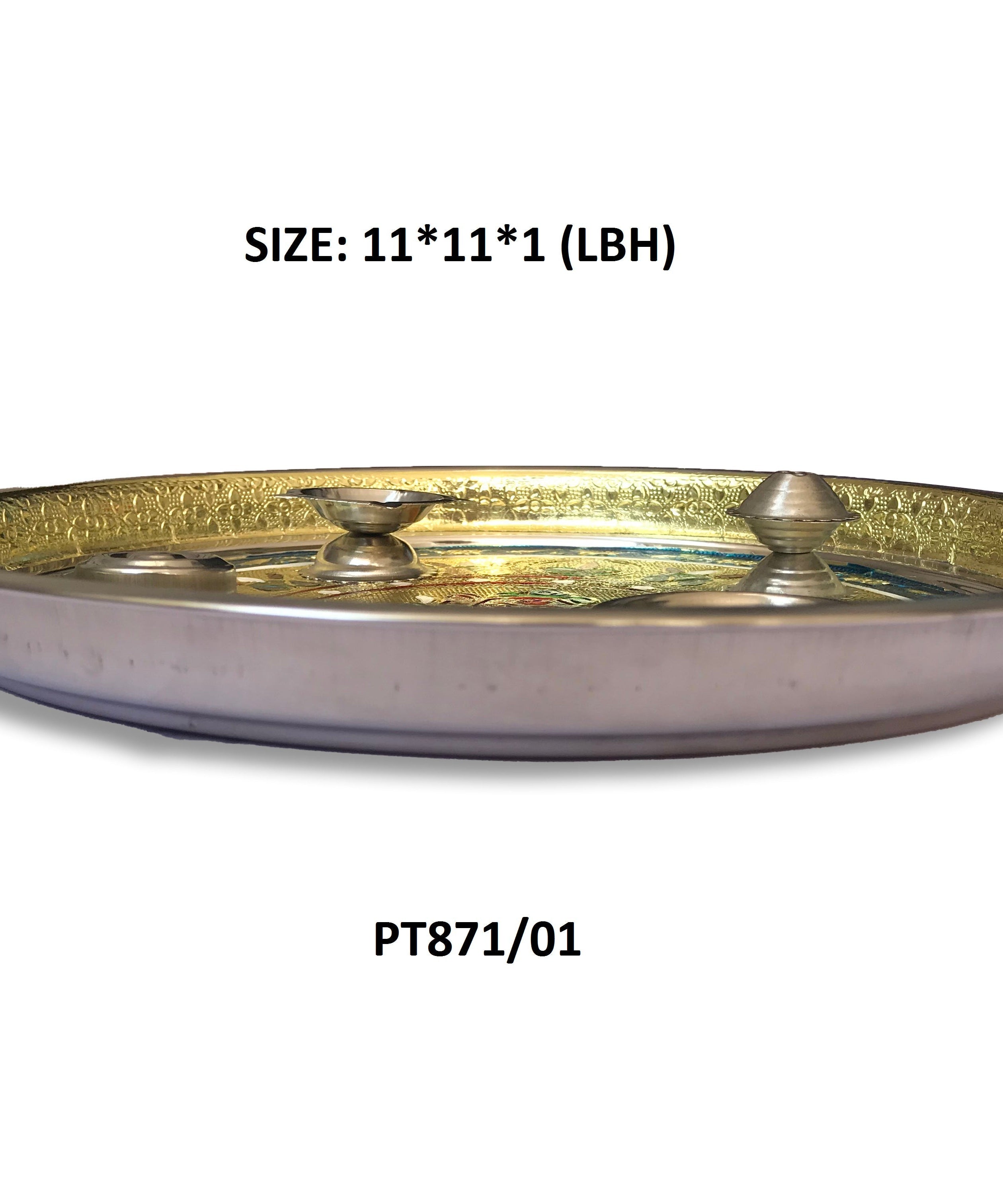 Stainless steel pooja thali with fancy golden chain and stones