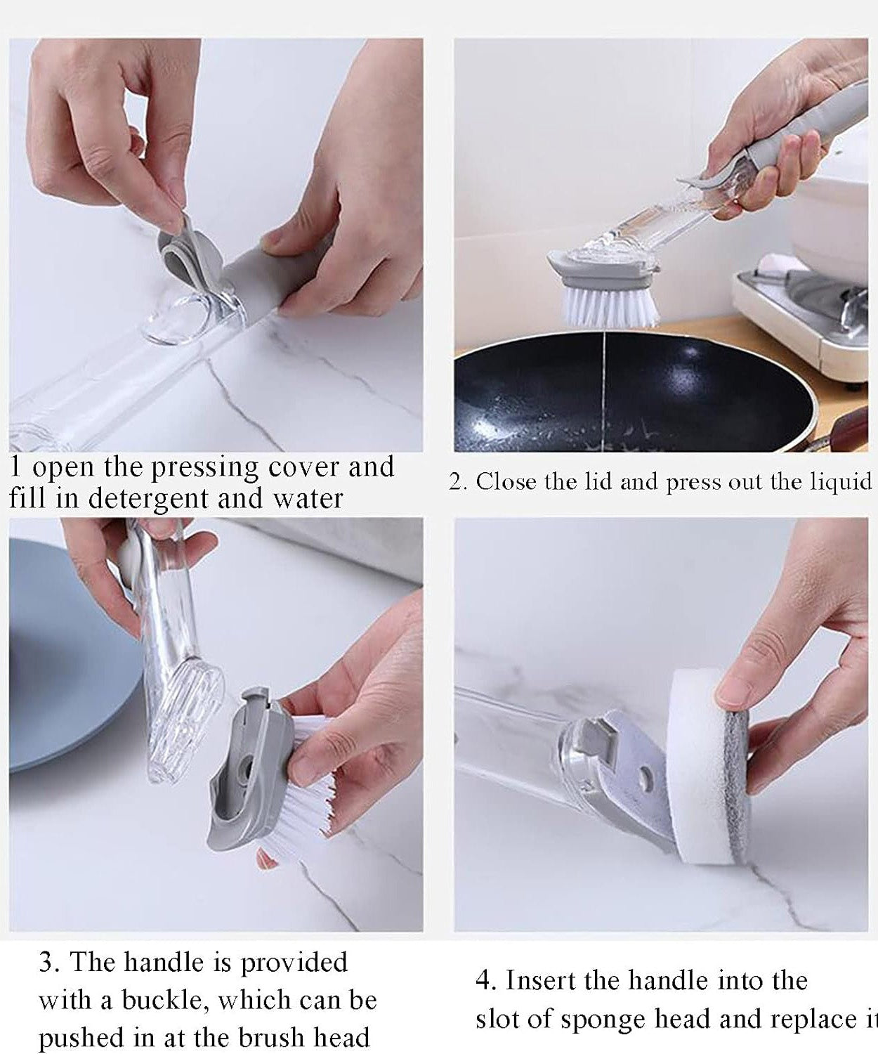 Dish wand with soap dispenser, includes 3 scrubber heads