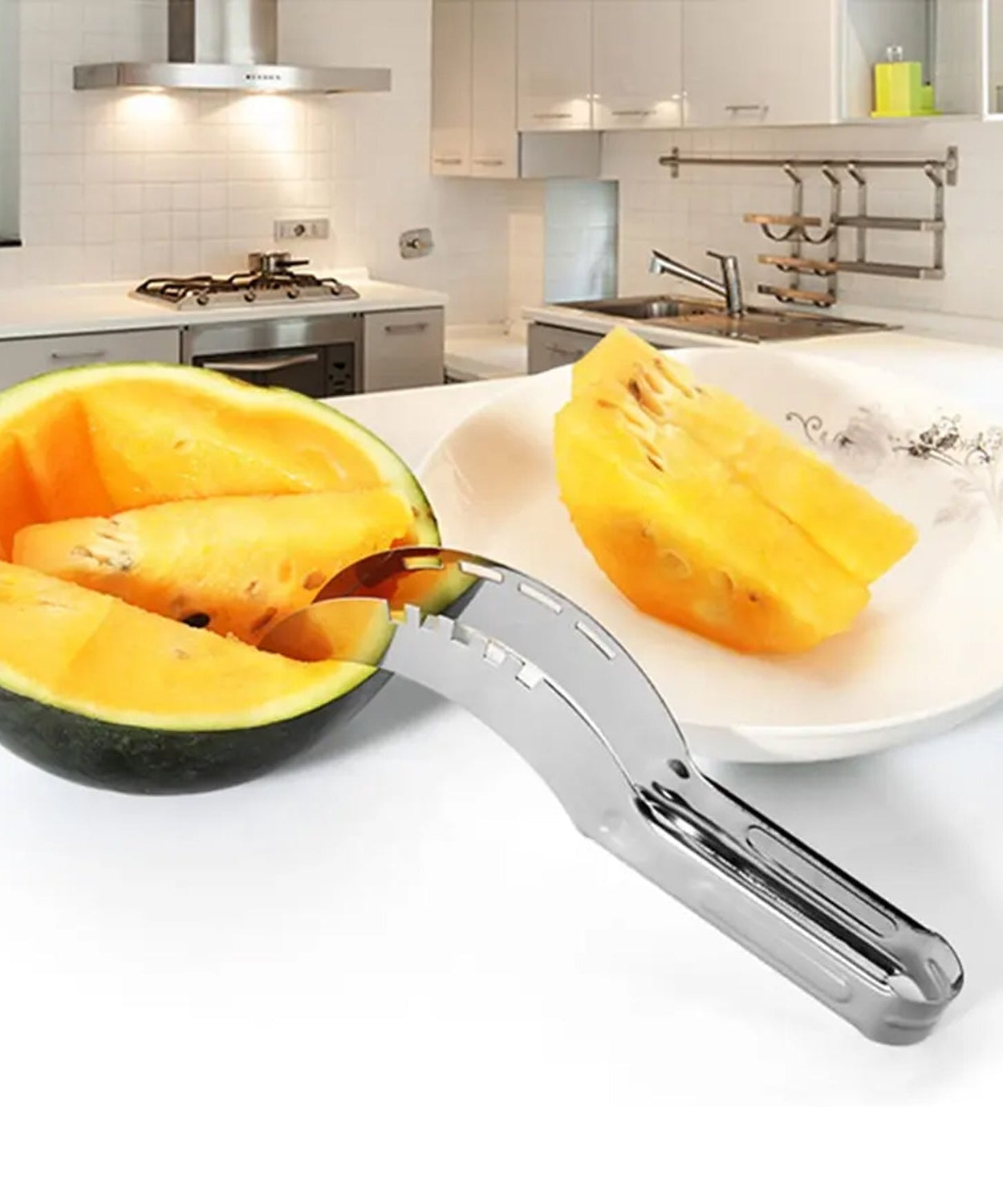 Stainless steel watermelon slicer and corer tool.