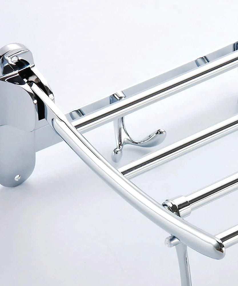 Foldable 18-inch towel rack with stainless steel construction, perfect for bathroom organization.