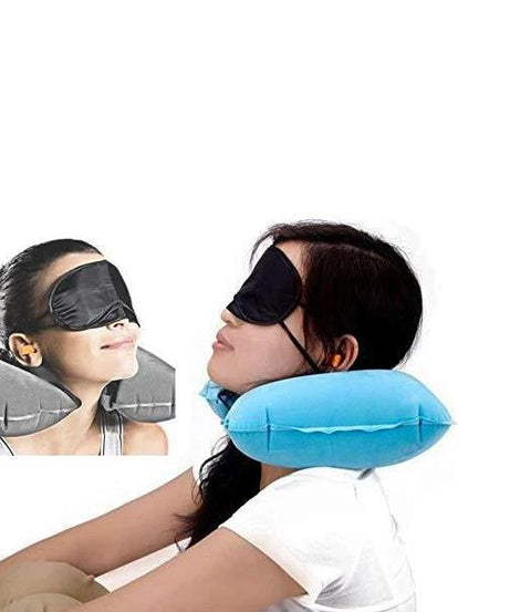 Comprehensive air travel kit with pillow and buds.