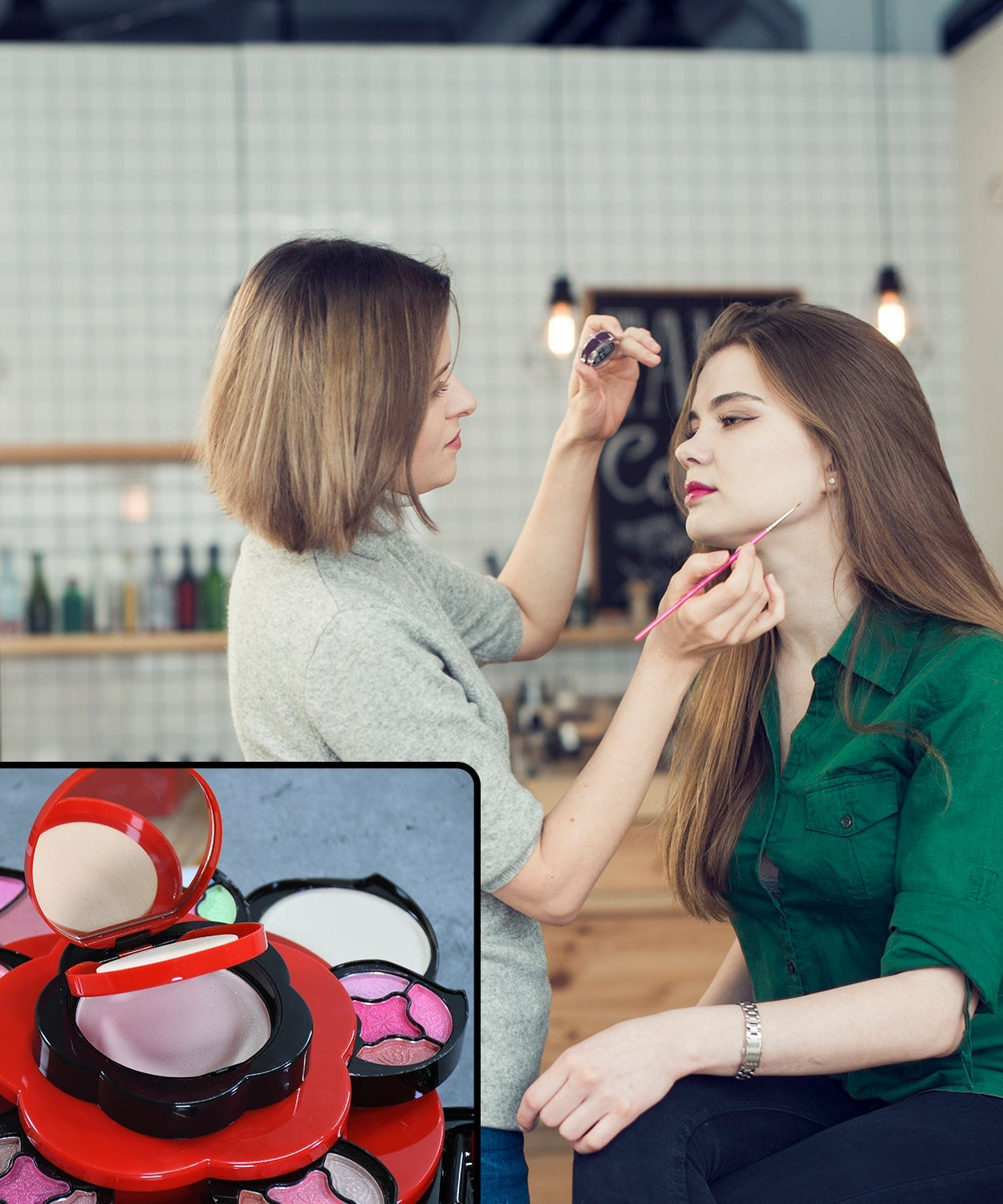 Compact three-tier makeup kit with various colors