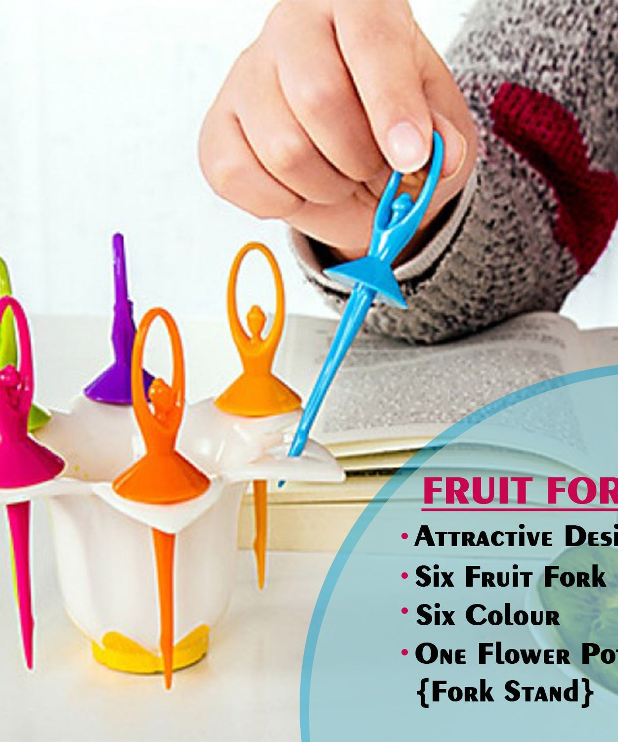 Set of 6 fruit forks with a doll-themed stand