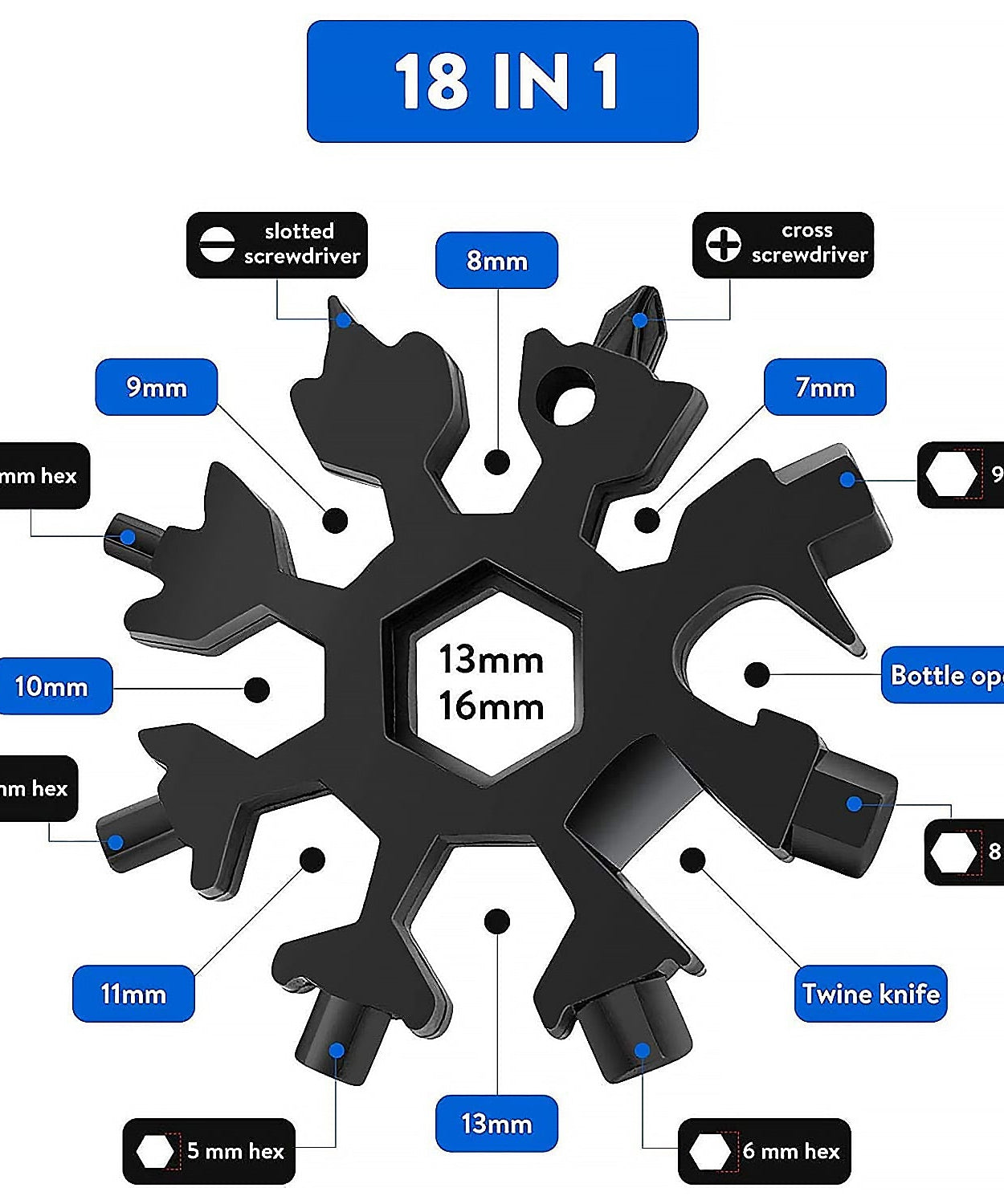 Durable 18-in-1 Snowflake Multi-Tool – Portable Bottle Opener, Phillips Screwdriver & Wrench Kit
