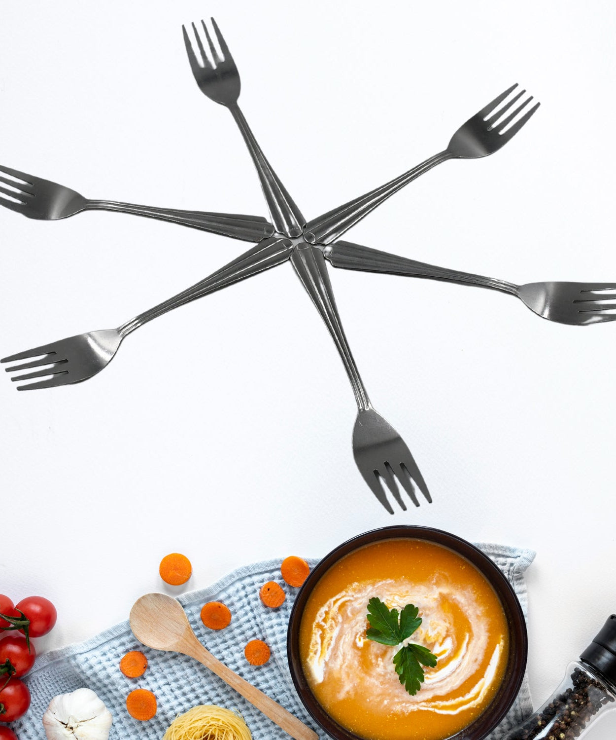 Set of six steel forks, premium quality, ideal for home and kitchen.