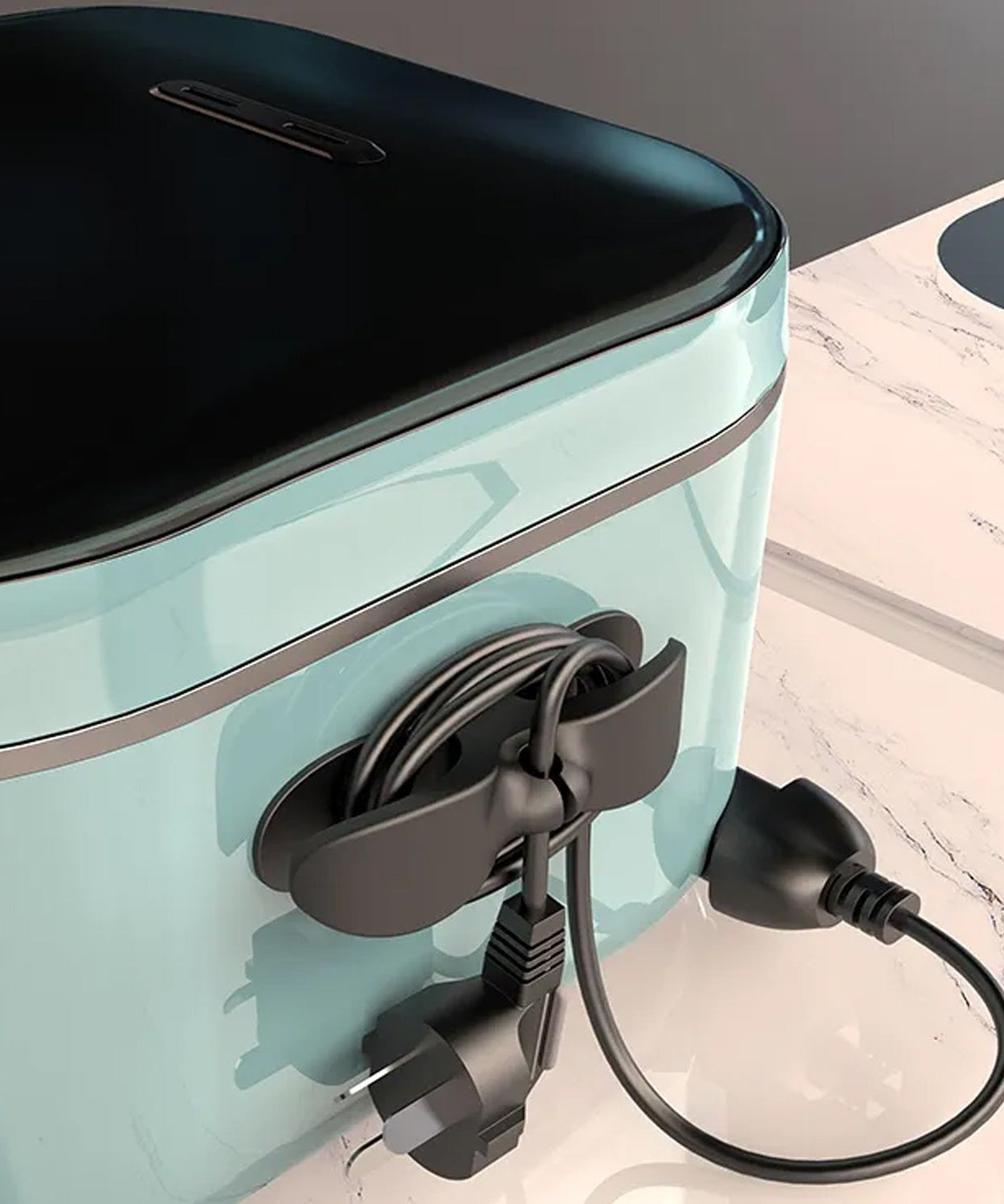 Efficient cable holder for organizing power cords.