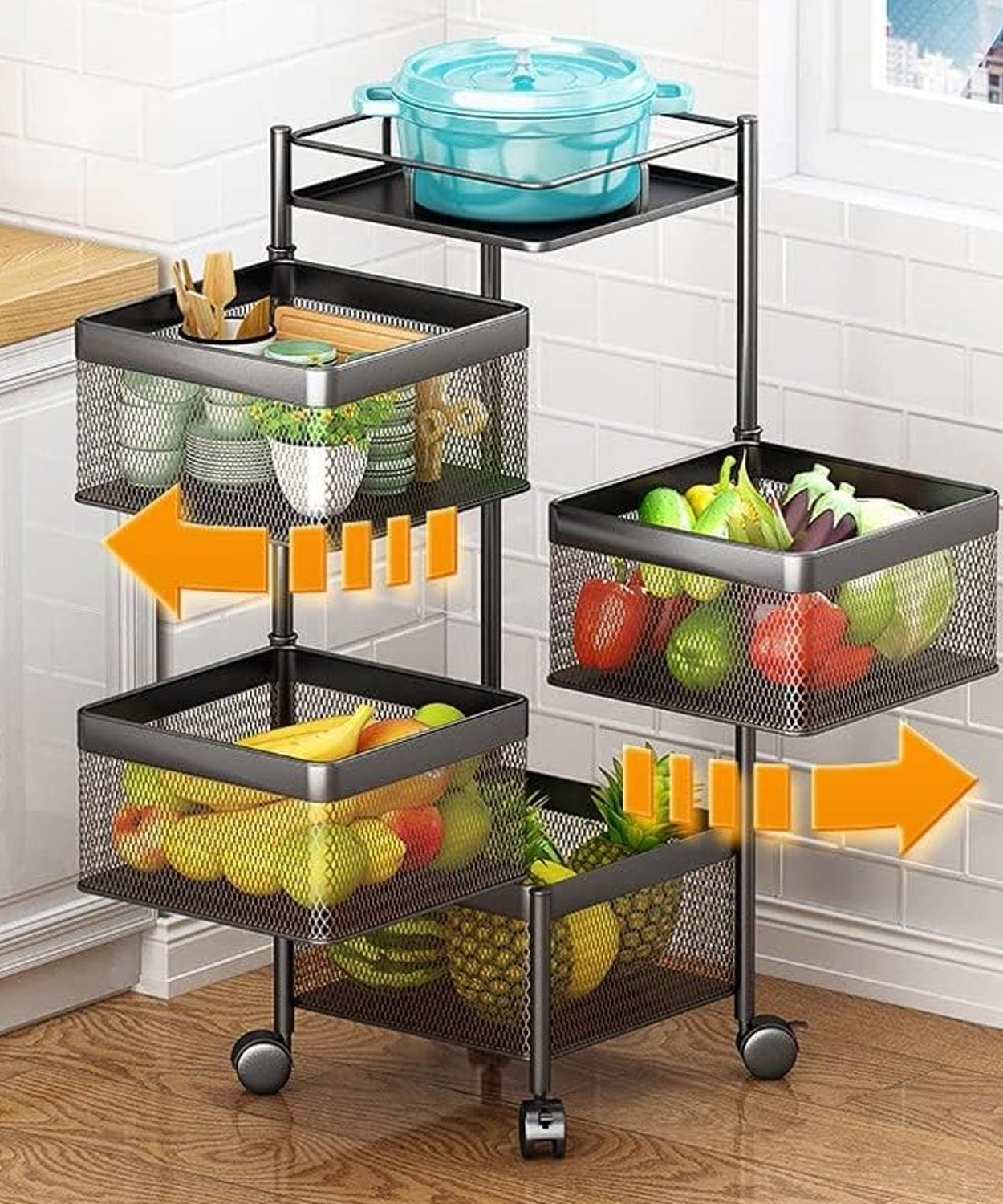 Metal High Quality Kitchen Trolley Kitchen Organizer Items and Kitchen Accessories Items for Kitchen Rack Square Design for Fruits & Vegetable Onion Storage Kitchen Trolley with Wheels (4 Layer)