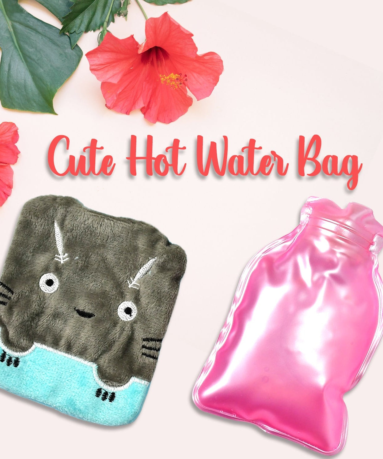 Grey Cat Print Small Hot Water Bag with Cover for Pain Relief