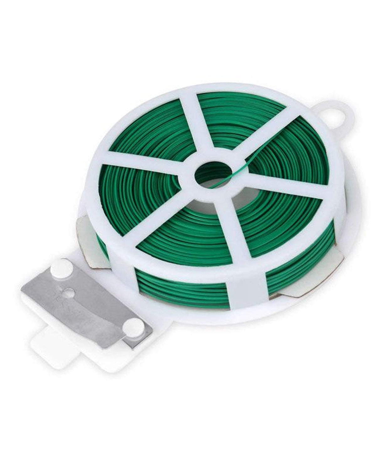 Plastic twist tie wire spool with cutter for garden use.