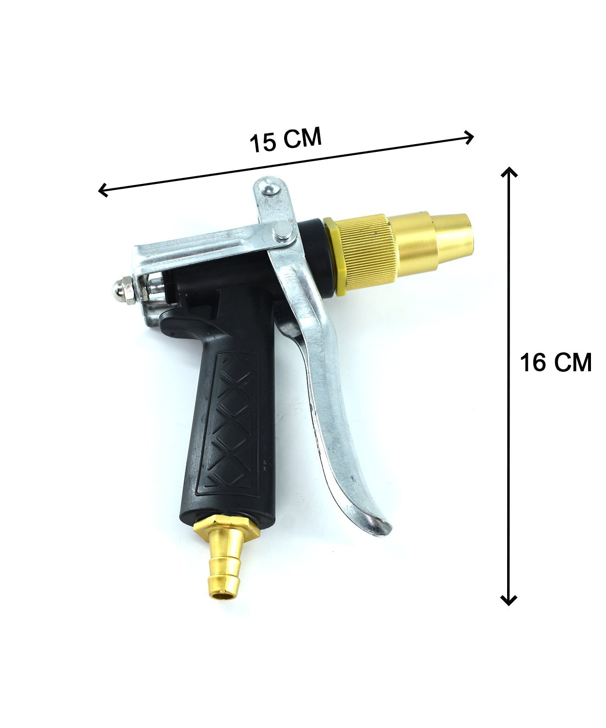 Gold color trigger hose nozzle, durable design for water spraying.