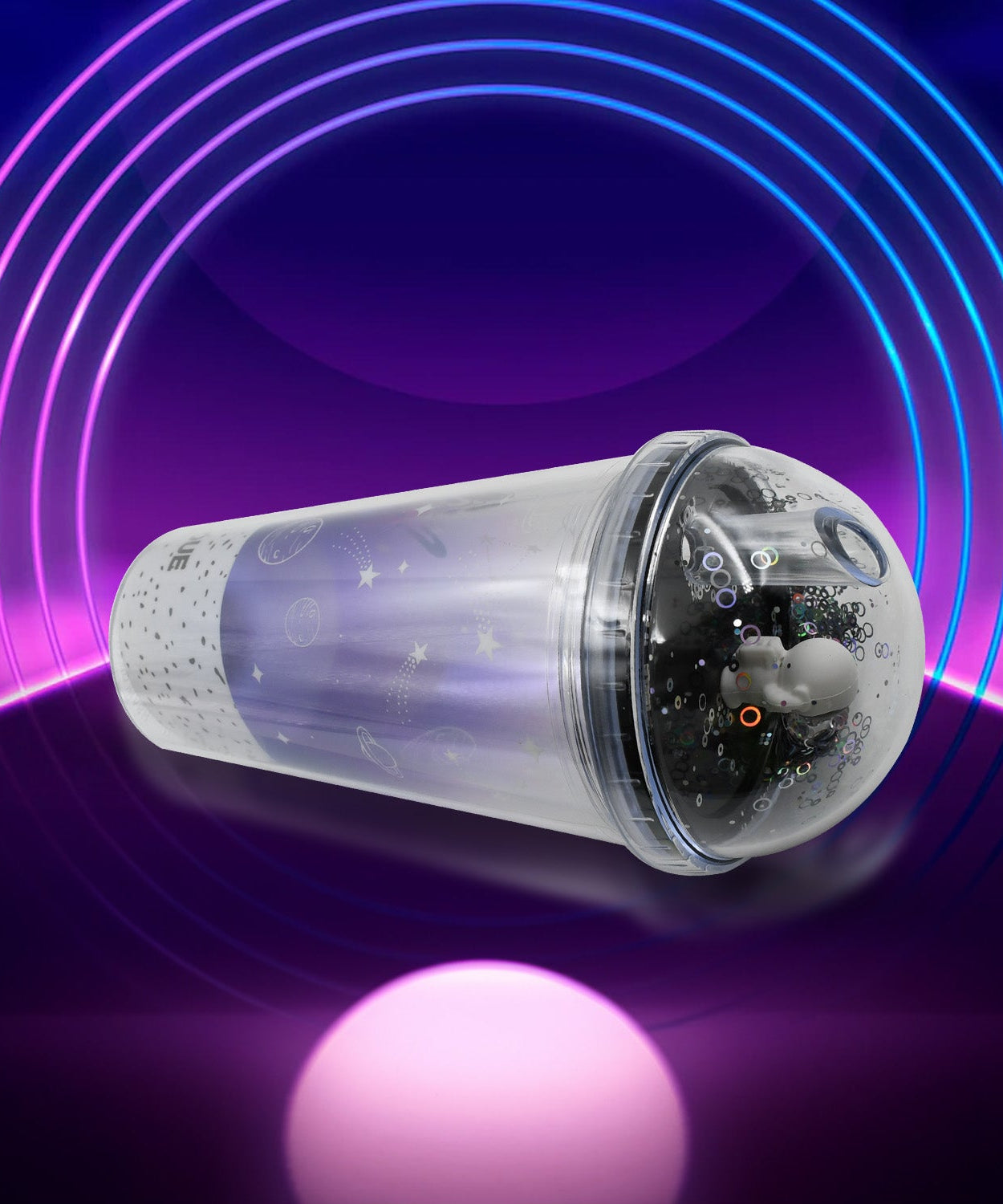 Space-themed tumbler with LED light and straw, 13oz