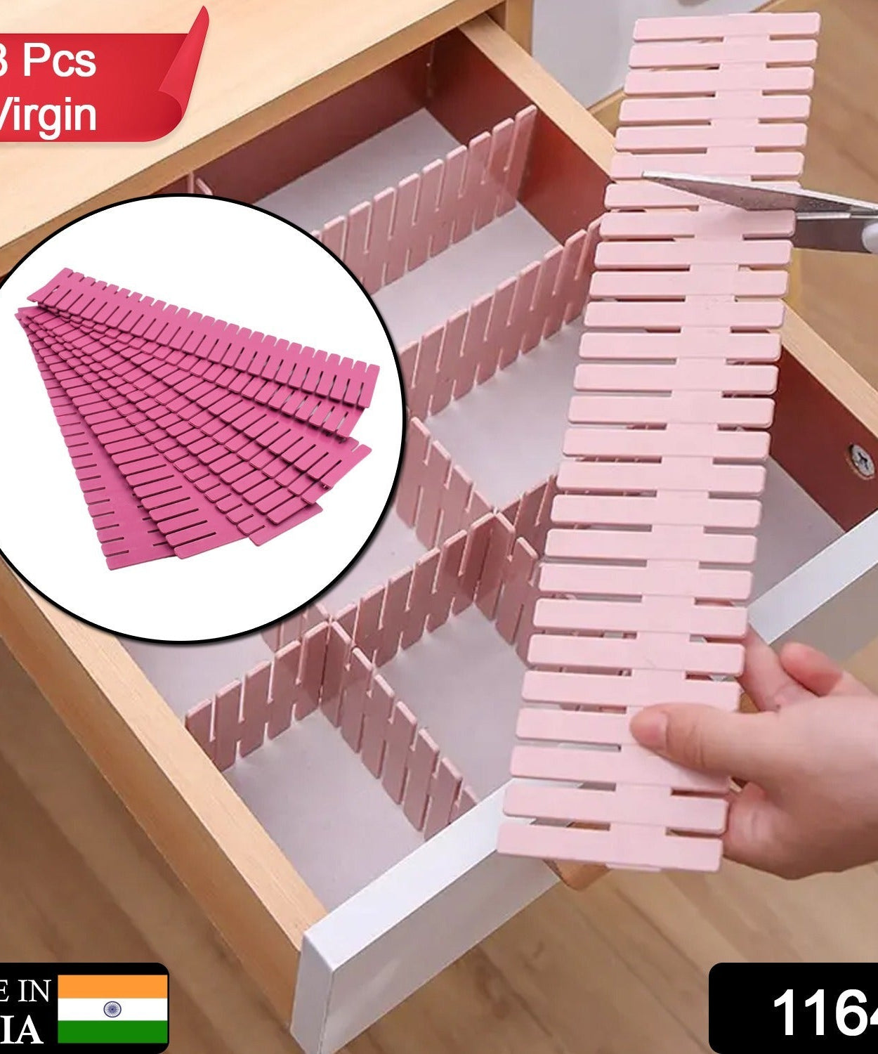 Plastic drawer dividers with adjustable grid, ideal for organizing kitchen and home drawers.