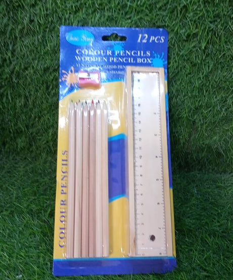 Colorful Wooden Pencil Set with Pencil box, Ruler, Sharpener For for Kids, Artist, Architect (12 Pcs Set)