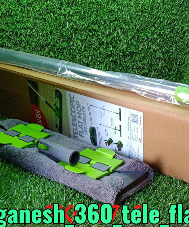 Multipurpose microfiber mop, flat, with 360-degree rotating head and telescopic handle.