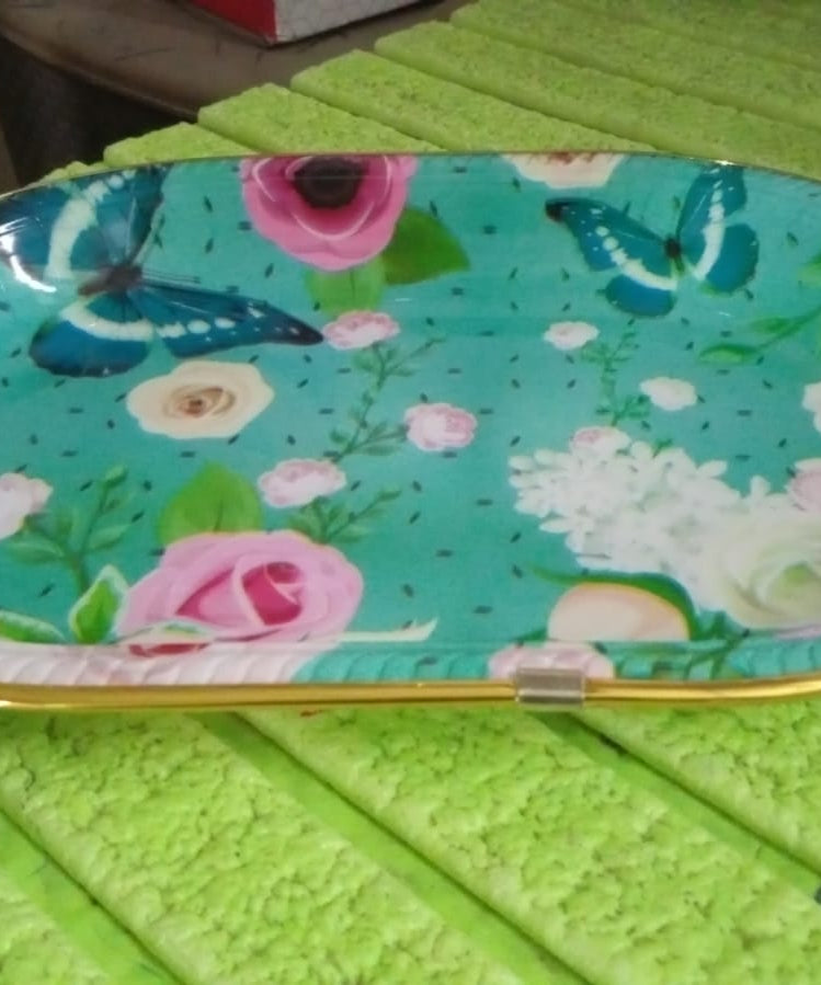 Big Plastic Flower Printed Design Serving Tray (1 Pc / 35 x 24 CM / Mix Color)