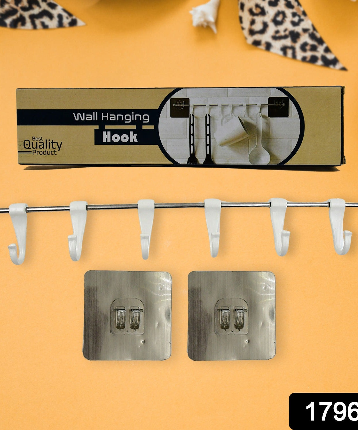 Stainless Steel Utensil Hanger Rail Nail Free Wall Mount with 2 Magic Stickers & 6 Plastic Hooks For Kitchen