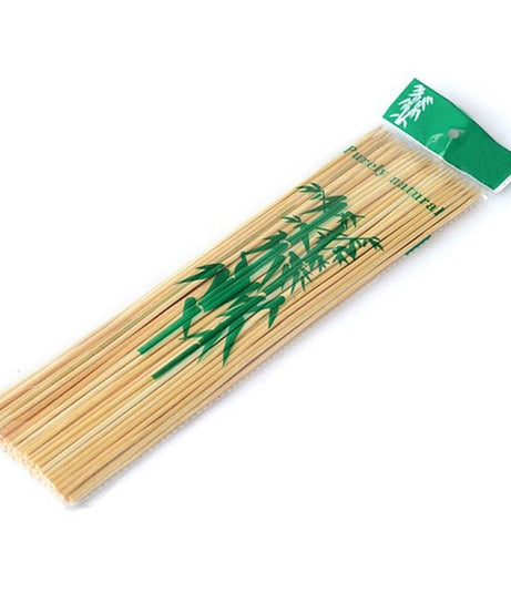 Detailed view of bamboo BBQ skewers.