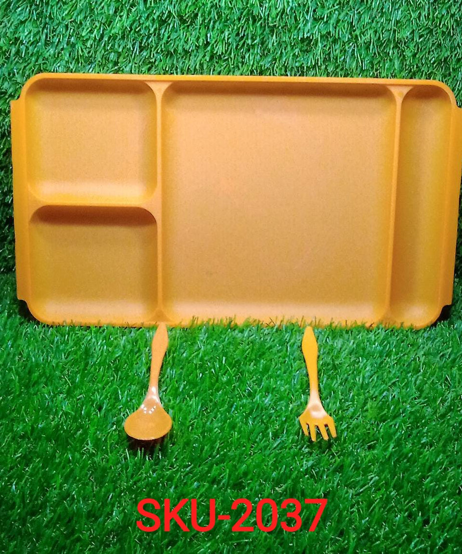 Plastic compartment plate set with spoon and fork for meals