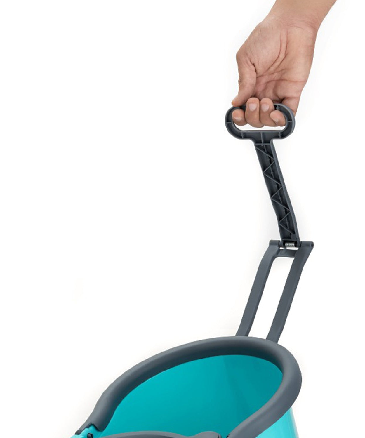 Steel spin mop with large bucket and easy wheels.