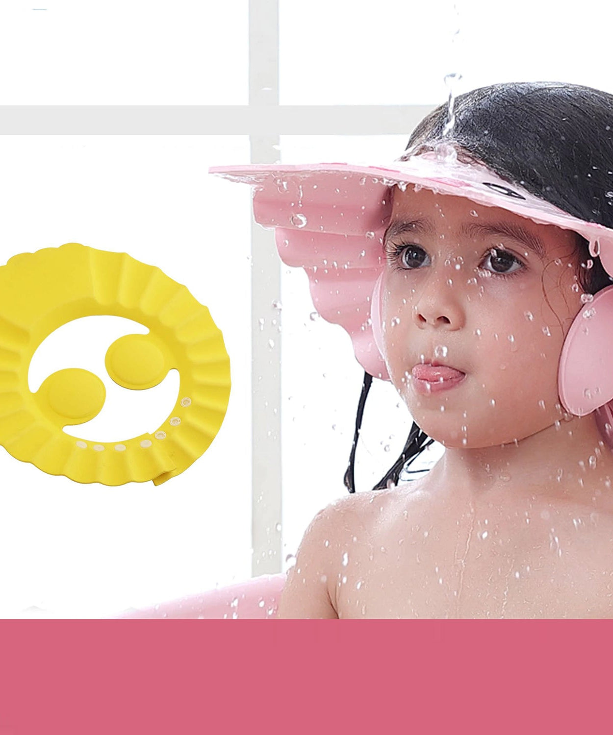 Adjustable soft baby shower cap for safe bathing.