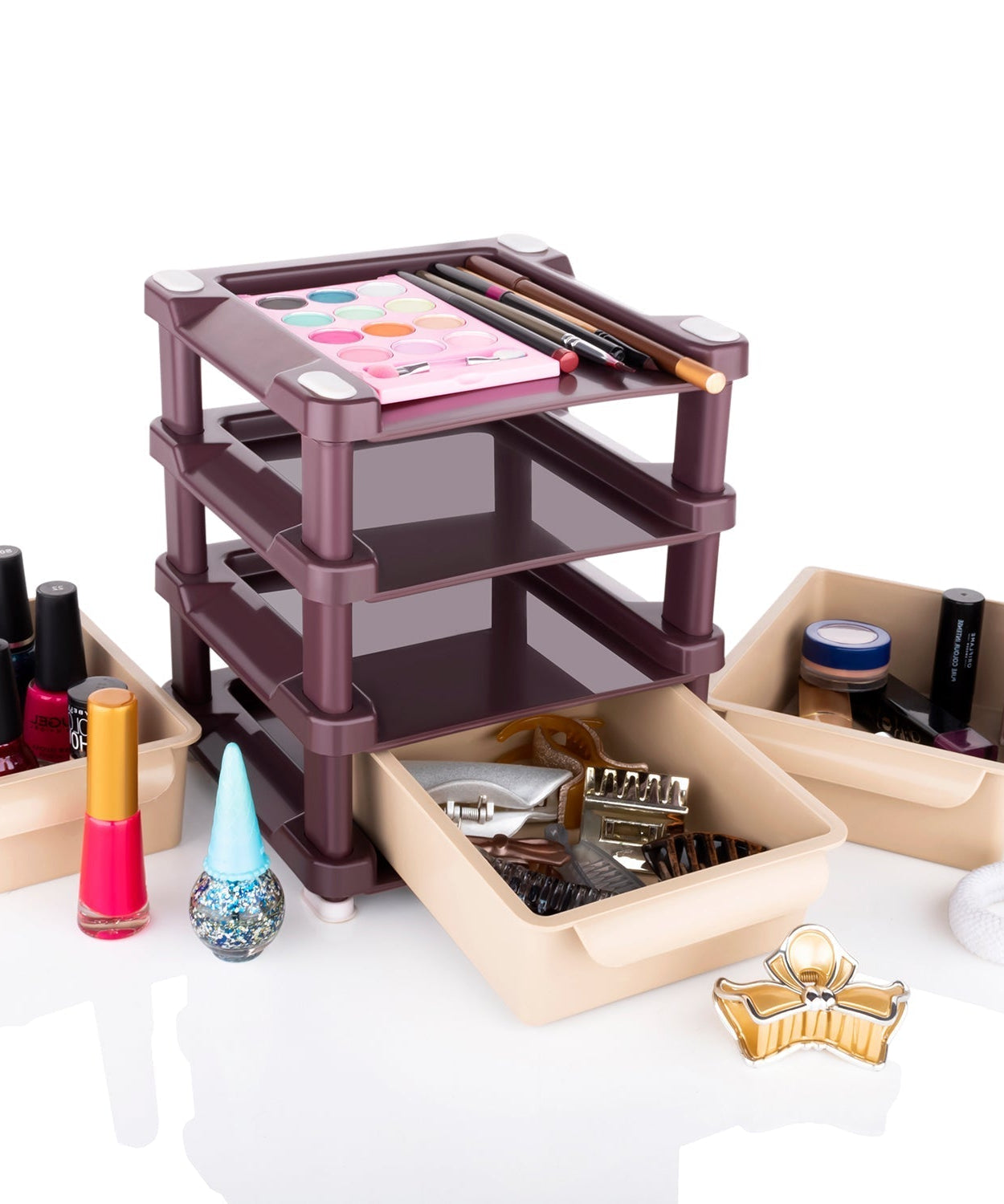 Multi-layered drawer organizer for makeup and beauty products with a compact design