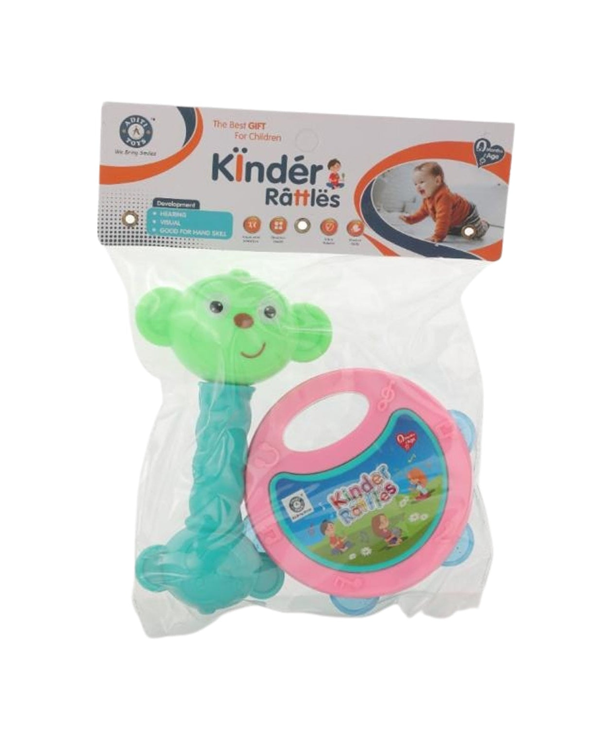 Set of two colorful rattles designed for babies, featuring easy-to-grip handles.