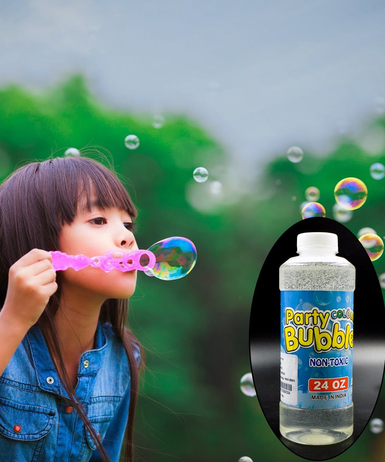 Bubble gun liquid refill bottle with label and a blue cap