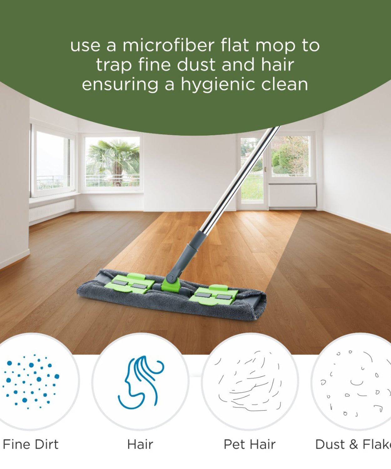 Multipurpose cleaning mop, microfiber, 360-degree rotating head, telescopic handle.