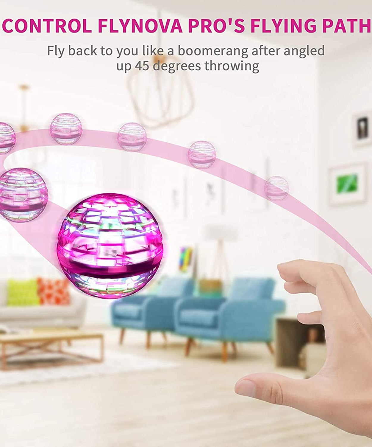 Flying ball with RGB lights and magic controller, rechargeable by USB.