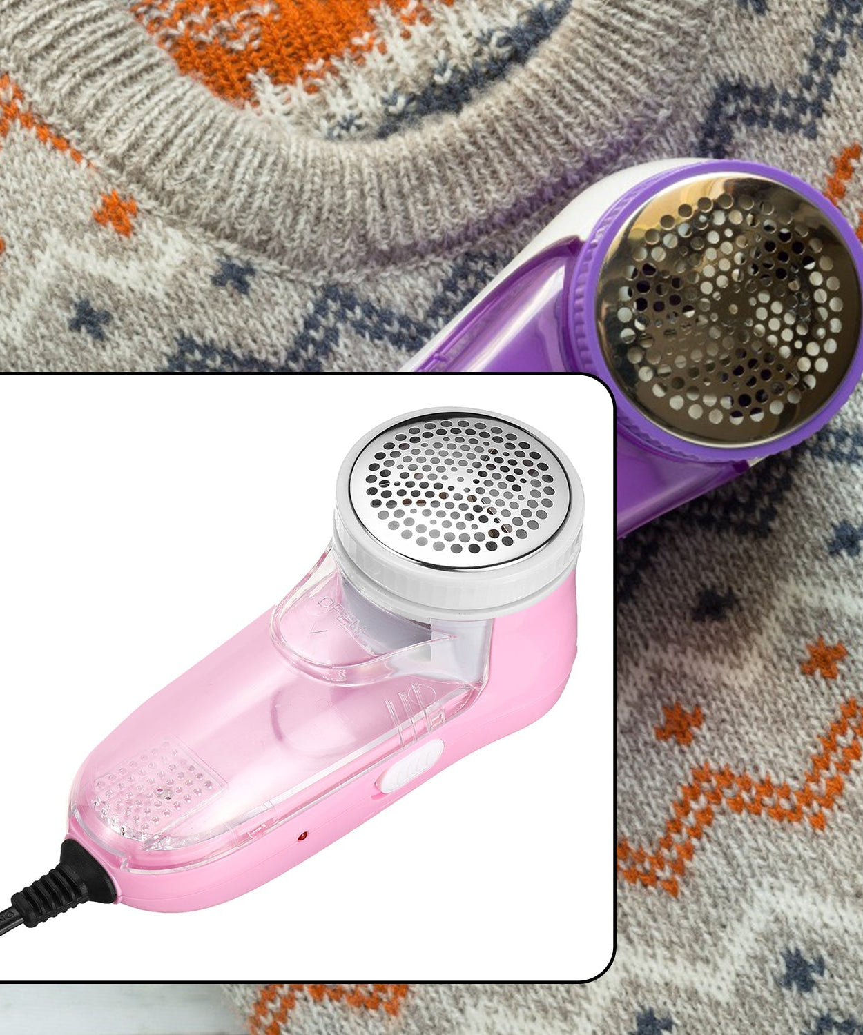 Lint remover tool designed for woolen fabrics, showing its sleek handle and blade