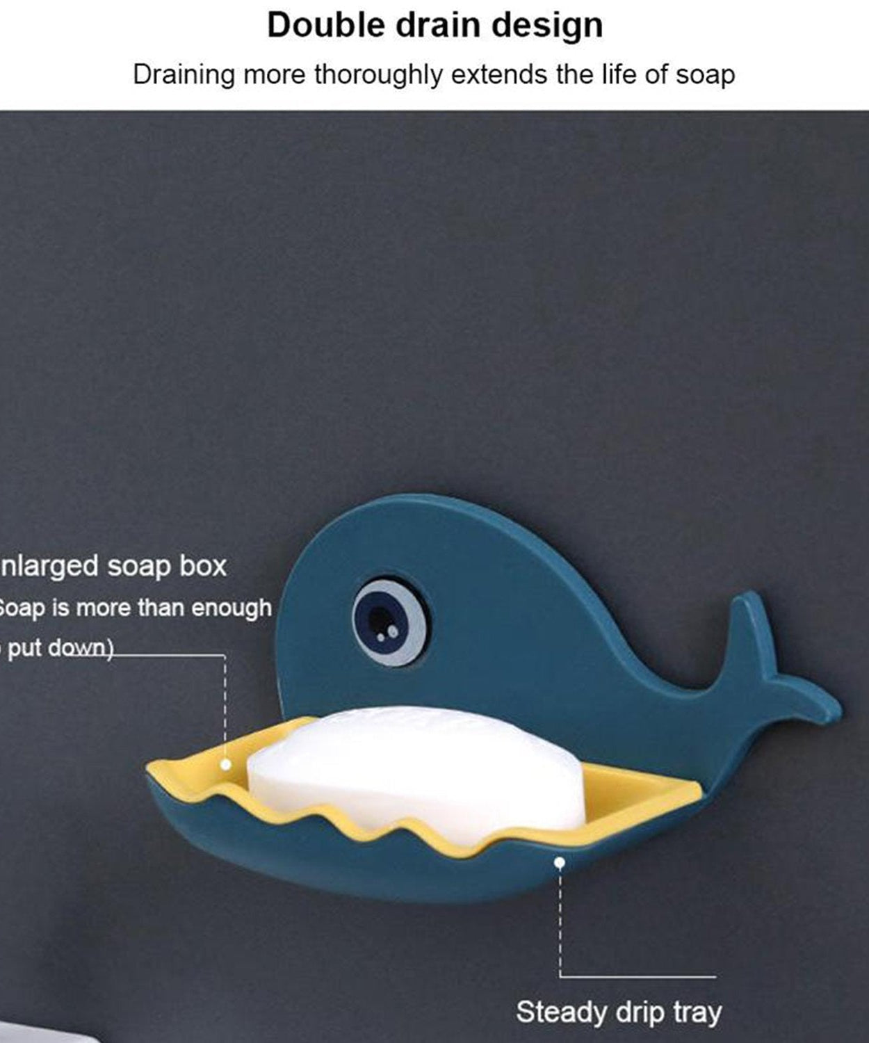 Fish-shaped soap dish with bar soap, showing its functionality and adhesive mounting