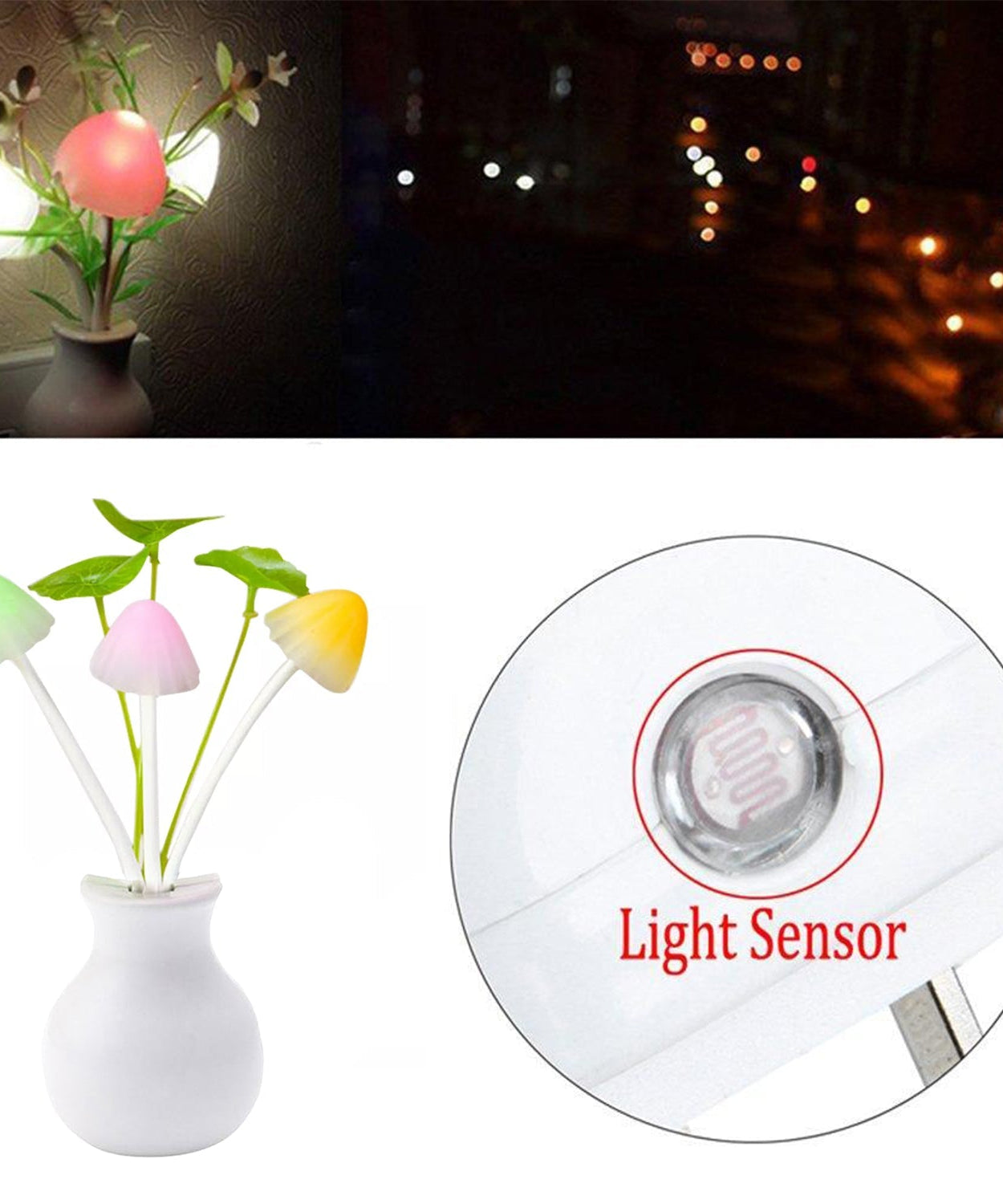 Close-up of LED mushroom lamp with sensor.