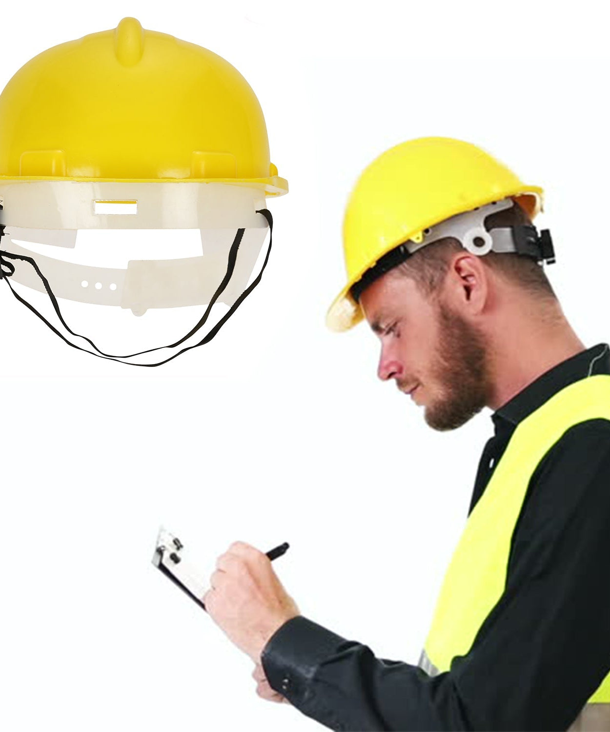Construction safety helmet in yellow plastic for high visibility.