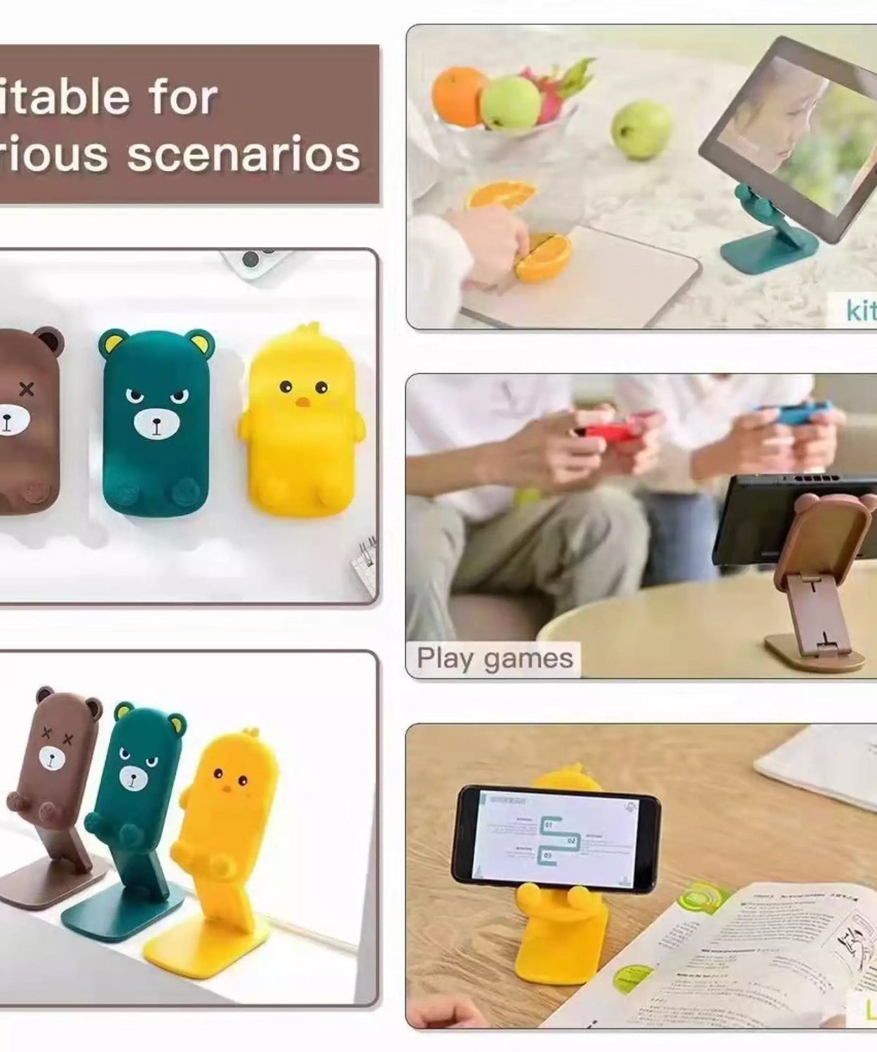 Top-down view of the mobile stand, illustrating its multi-angle adjustment and cartoon design