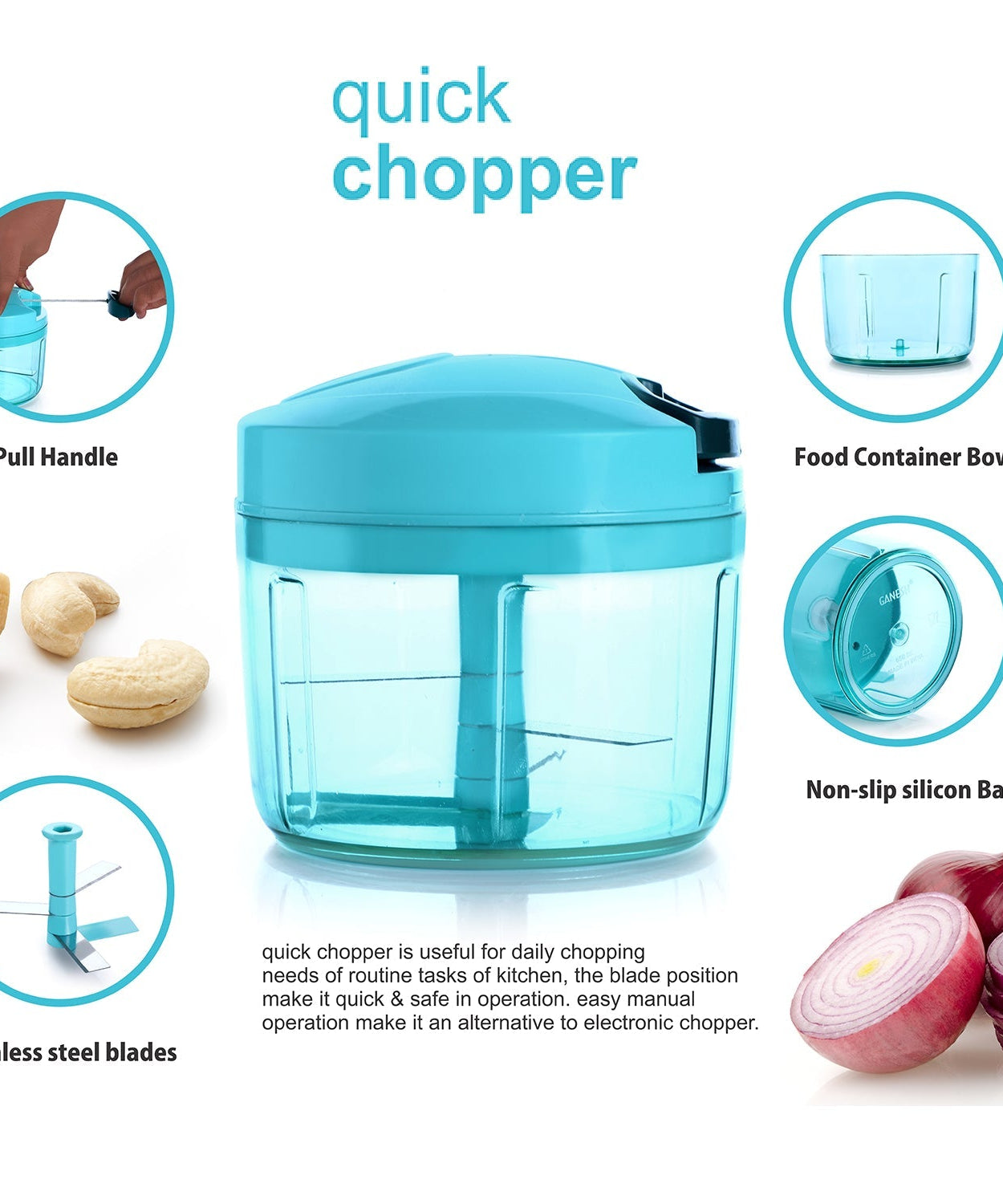 Ganesh Quick Vegetable Chopper, 725 ml, various perspectives and details.