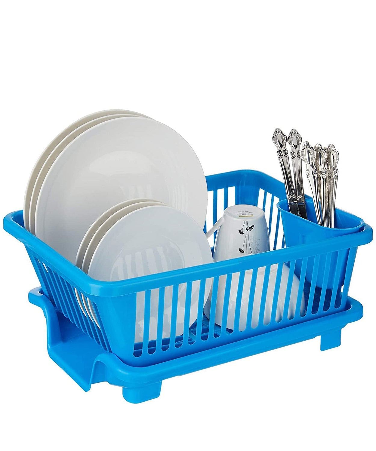 Plastic drying rack with a brown box for holding dishes, utensils, and kitchen items