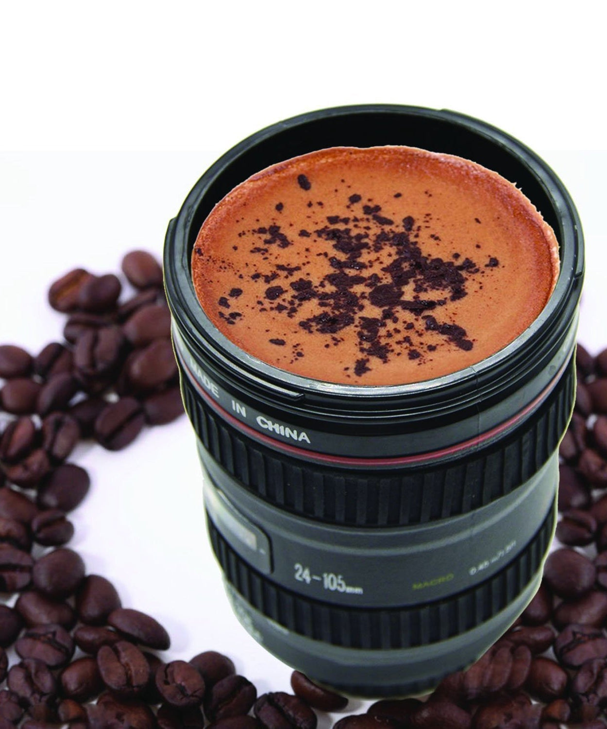 Stainless steel mug with a plastic camera lens design, showcasing its distinctive appearance
