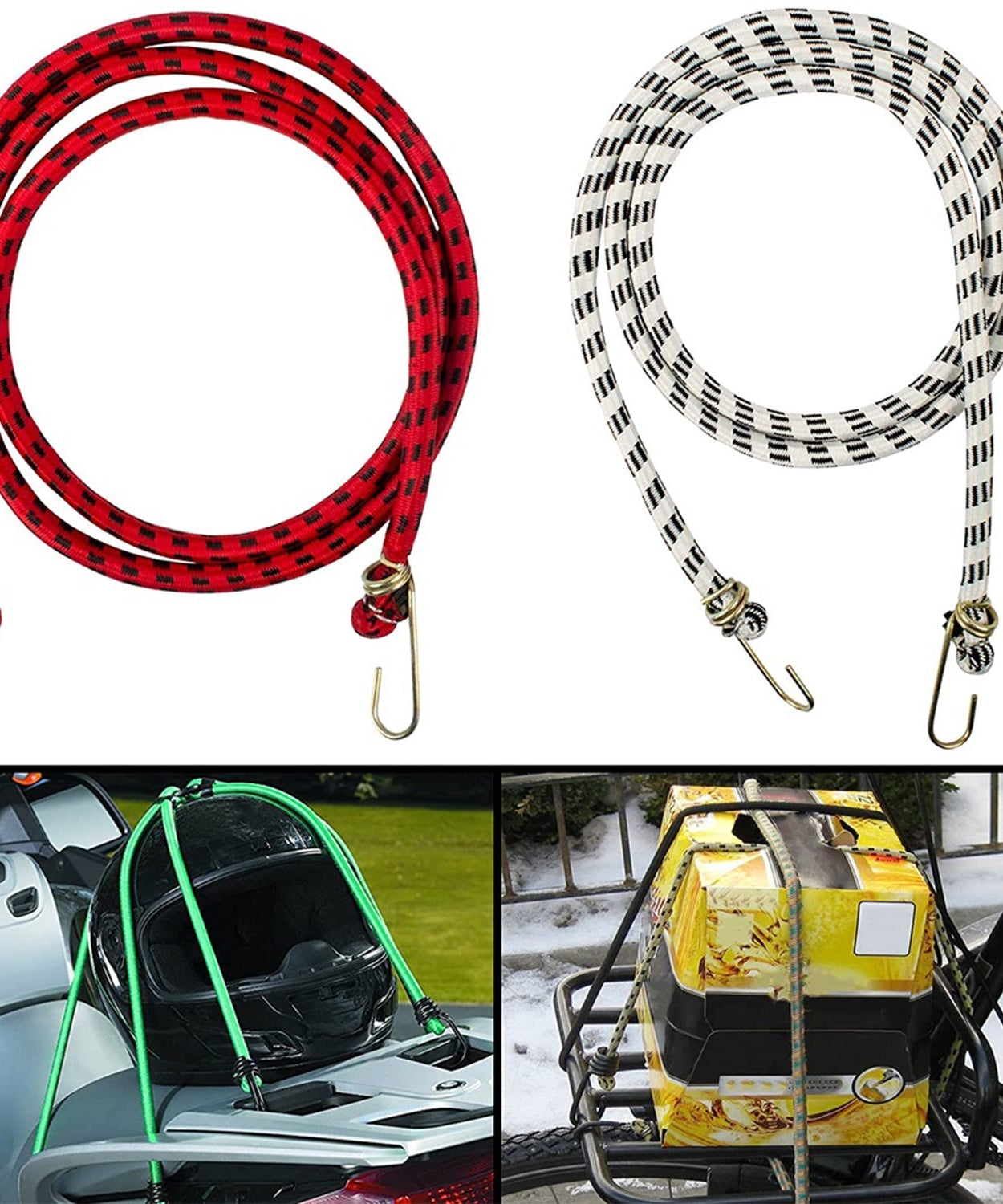 High-strength bungee cord with hooks for secure tying.
