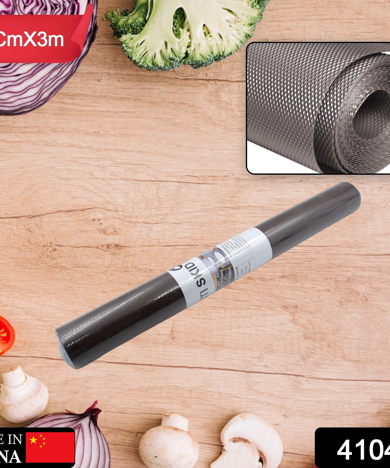 Anti-slip mat liner roll in use in a kitchen, bathroom, and fridge.